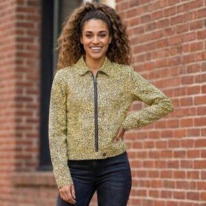 Volcom Denim Animal Print Full Zip Jacket Cheetah Sweater Collar Pockets Large